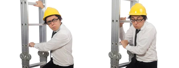 Trabalhador da construção em conceito engraçado em branco — Fotografia de Stock
