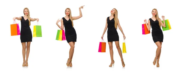 Vrouw na het winkelen op wit — Stockfoto