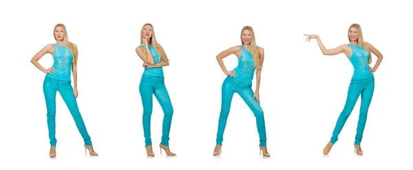 Mooi meisje in blauw kleding geïsoleerd op wit — Stockfoto