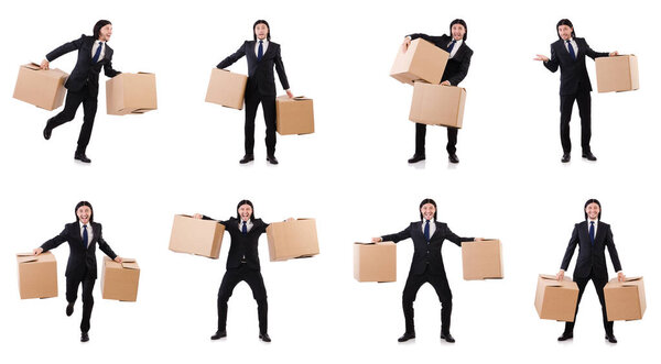 Funny man with boxes on white