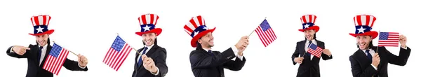 Чоловік з американським прапором ізольований на білому — стокове фото