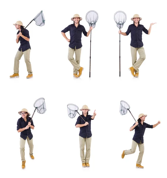 Funny guy with catching net on white — Stock Photo, Image