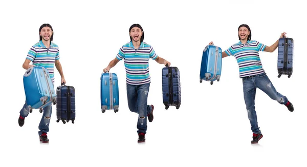 Młody człowiek podróżujący z walizkami odizolowanymi na biało — Zdjęcie stockowe