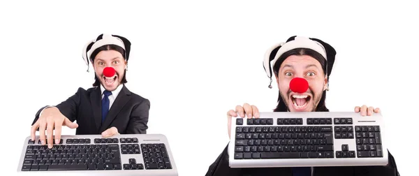 Rolig clown med tangentbord isolerad på vit — Stockfoto