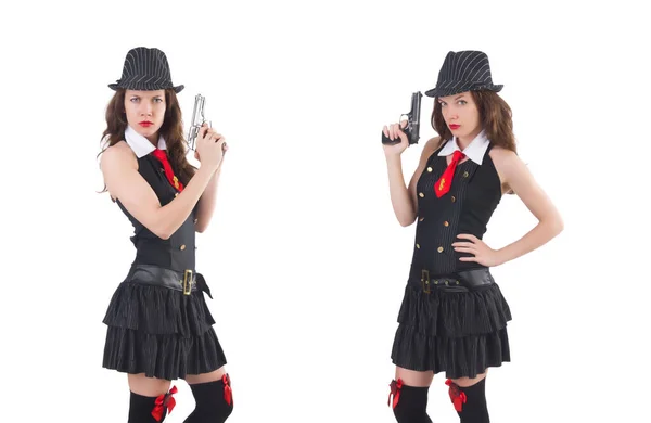 Junge Frau Gangster mit Waffe auf weiß — Stockfoto