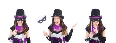 Soytarı kostüm üzerine beyaz izole maskesi ile güzel kız