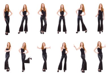 Siyah çan pantolonlu kızıl saçlı kadın beyaz pantolonlu.