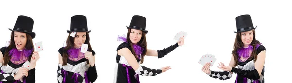 Pretty girl in jester costume with cards isolated on white — Stock Photo, Image