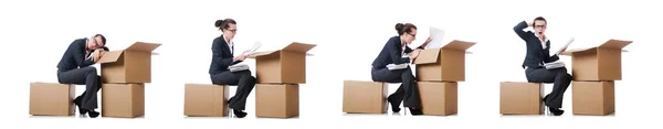 Woman businesswoman with boxes on white — Stock Photo, Image