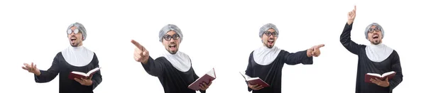 Homem vestindo roupa de freira isolado no branco — Fotografia de Stock