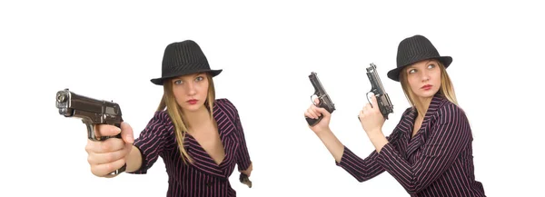 Gangster donna con pistola isolata su bianco — Foto Stock