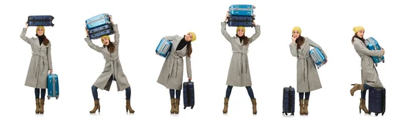 Γυναίκα με βαλίτσα έτοιμη για χειμερινές διακοπές — Φωτογραφία Αρχείου