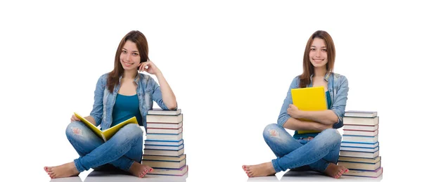 Estudante menina com livros sobre branco — Fotografia de Stock