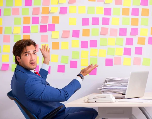 Junger schöner Mann in widersprüchlichem Prioritätenkonzept — Stockfoto