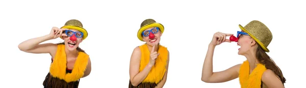 Rolig clown kvinna isolerad på den vita — Stockfoto