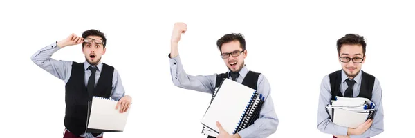 Employé de bureau tenant du papier isolé sur blanc — Photo