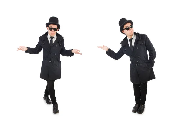 Молодий детектив в чорному пальто ізольований на білому — стокове фото