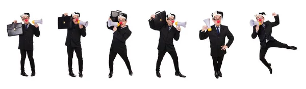Бізнесмен клоун з гучномовцем на білому — стокове фото