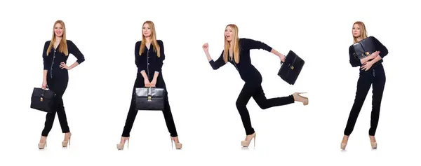 Tall young woman in black clothing with handbag isolated on whit — Stok fotoğraf