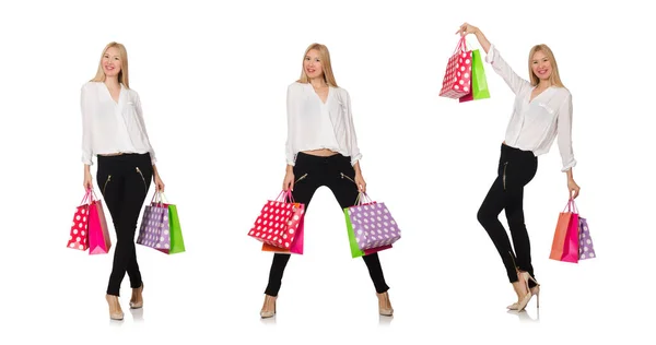 Mujer muchas bolsas de compras después de comprar aislado en blanco — Foto de Stock