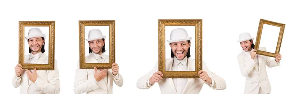 Man in wit kostuum met fotolijstje — Stockfoto