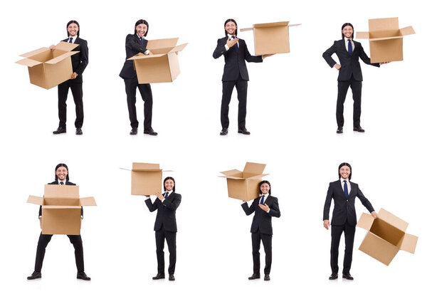 Funny man with boxes on white