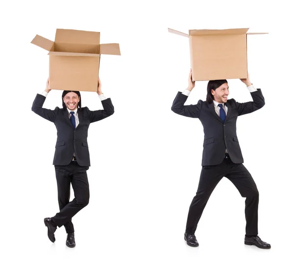 Hombre divertido con cajas en blanco — Foto de Stock