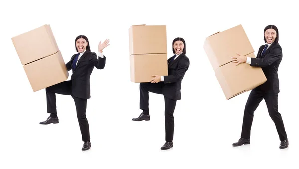 Lustiger Mann mit Schachteln auf weißem Grund — Stockfoto