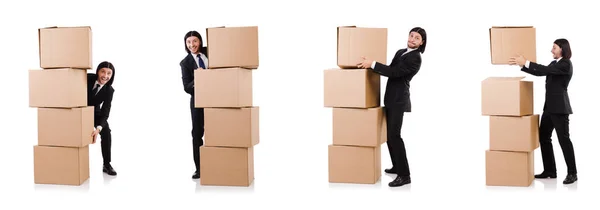 Funny man with boxes on white — Stock Photo, Image