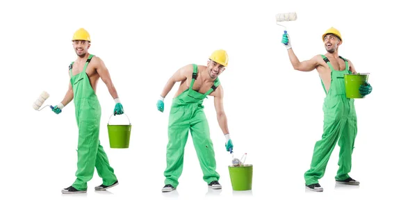 Painter in green coveralls on white — Stock Photo, Image