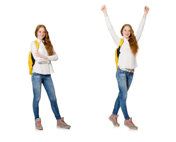 Mujer con mochila aislada en blanco —  Fotos de Stock