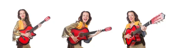 멕시코 의상을 입은 기타를 가진 여자 — 스톡 사진
