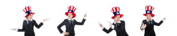 Young woman with american symbols on white — Stock Photo, Image