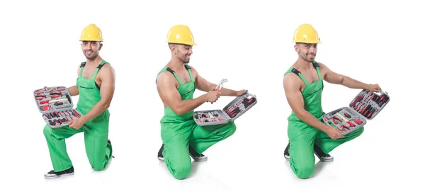 Mann mit Werkzeugkasten isoliert auf dem weißen — Stockfoto