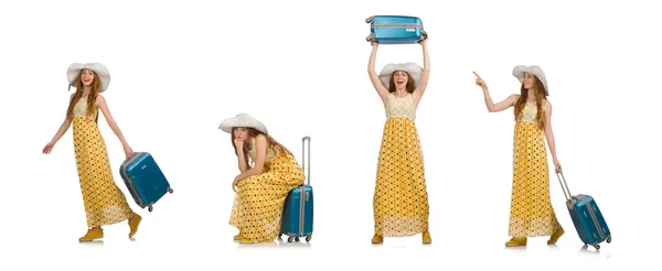 Woman ready for summer travel isolated on white — Stock Photo, Image