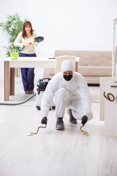 Young male contractor exterminating snakes in the flat — Stock Photo, Image
