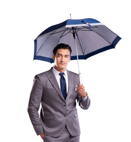 Empresario con paraguas aislado sobre fondo blanco — Foto de Stock