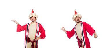 Kostümlü büyücü beyazın üzerinde izole edilmiş.