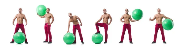 Man with swiss ball doing exercises on white — Stock Photo, Image