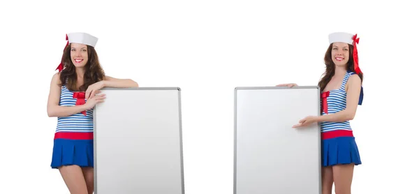 Young woman with blank board on white — Stock Photo, Image