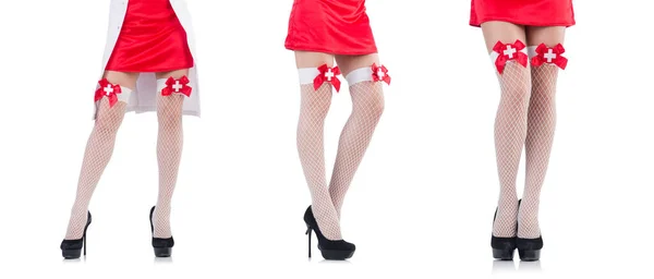 Woman legs with stockings on white — Stock Photo, Image