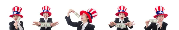 Fiatal nő dollár és amerikai kalap — Stock Fotó