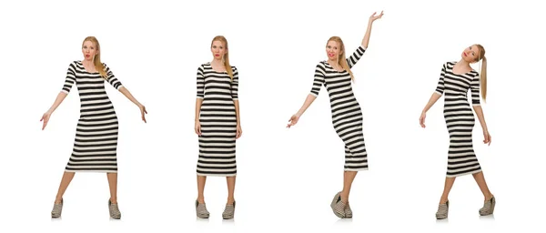 Young woman in long striped dress isolated on white — Stock Photo, Image