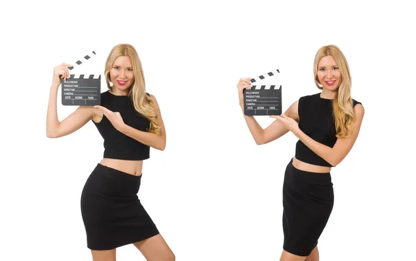 Mulher segurando filme clapboard isolado no branco — Fotografia de Stock