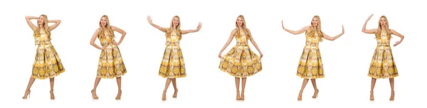 पीले फूल पोशाक में सुंदर लड़की सफेद पर अलग — स्टॉक फ़ोटो, इमेज