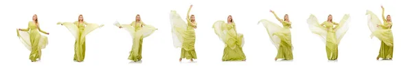 Junge Frau im eleganten langen grünen Kleid isoliert auf weiß — Stockfoto