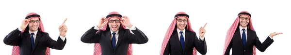 Arabische man in specificaties virtuele knoppen op wit wordt geïsoleerd te drukken — Stockfoto