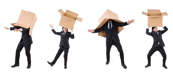 Funny man with boxes on white — Stock Photo, Image