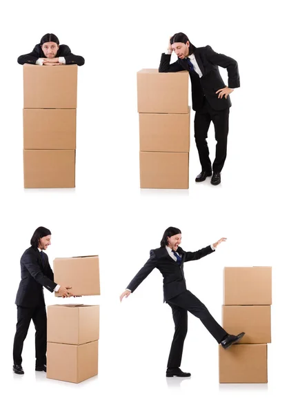 Funny man with boxes on white — Stock Photo, Image