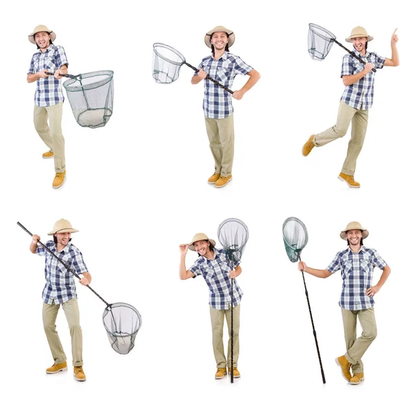 Funny guy with catching net on white — Stock Photo, Image